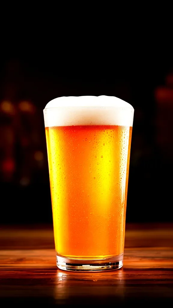 Cerveja IPA em copo tulipa com espuma densa e cor dourada âmbar
