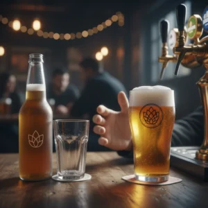 Cerveja duplo malte sendo servida no balcão do bar — estilo encorpado e maltado, com espuma cremosa e cor âmbar característica