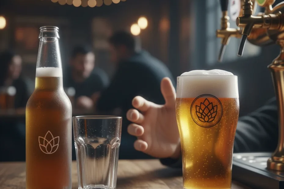 Cerveja duplo malte sendo servida no balcão do bar — estilo encorpado e maltado, com espuma cremosa e cor âmbar característica