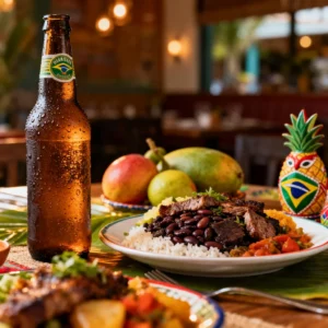 Garrafas e copos de cerveja artesanal ao lado de pratos típicos brasileiros como feijoada e churrasco, com ingredientes como feijão e mandioca