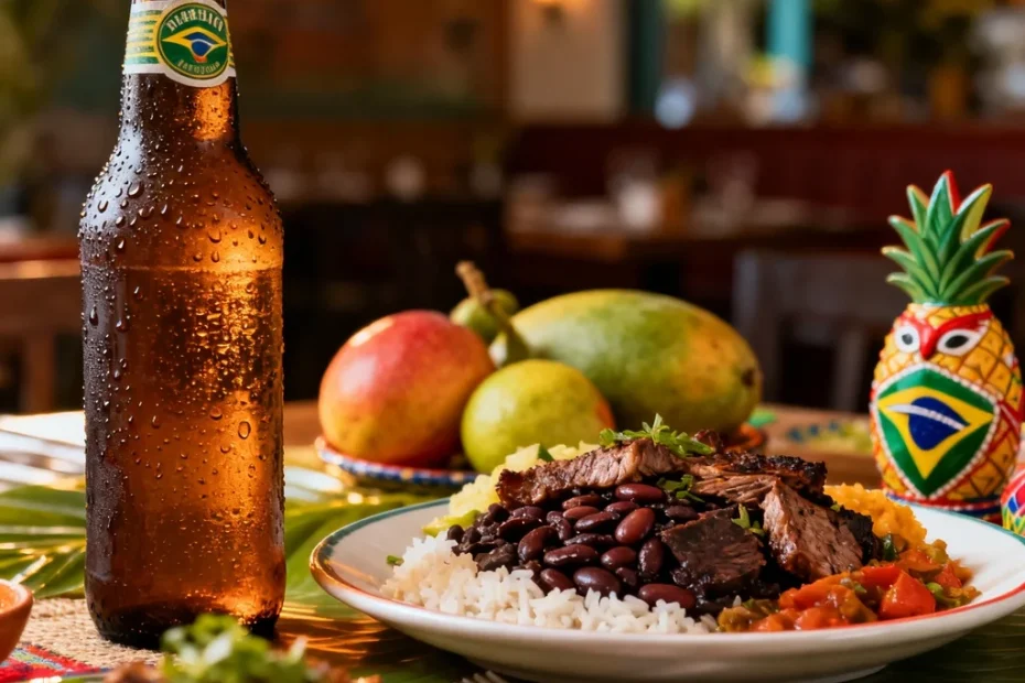 Garrafas e copos de cerveja artesanal ao lado de pratos típicos brasileiros como feijoada e churrasco, com ingredientes como feijão e mandioca