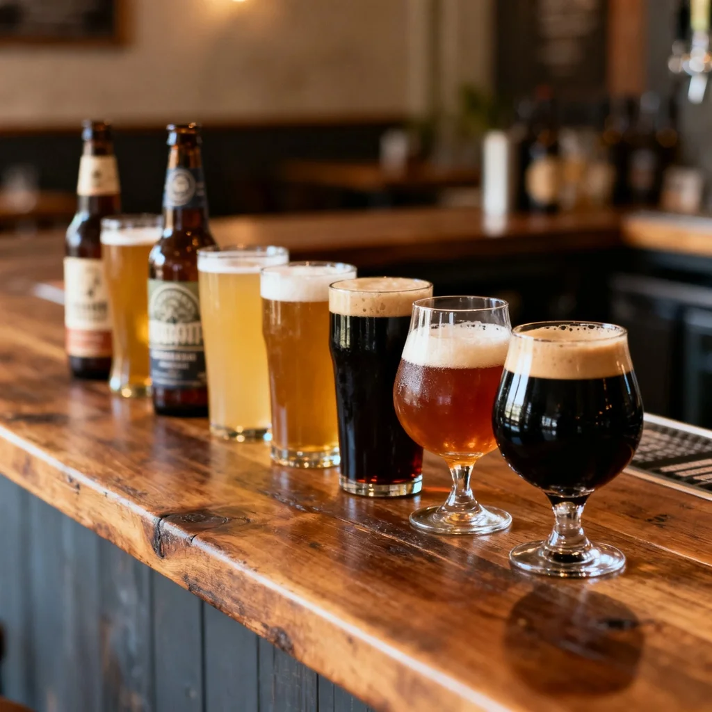 Garrafas e copos de cerveja artesanal ao lado de ingredientes brasileiros como feijão, mandioca, pimenta e limão sobre uma mesa de madeira