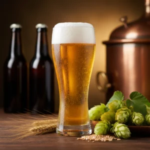 Cerveja Pilsen dourada e gelada em um copo tipo pint, com espuma cremosa