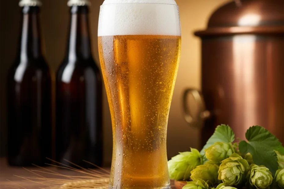 Cerveja Pilsen dourada e gelada em um copo tipo pint, com espuma cremosa