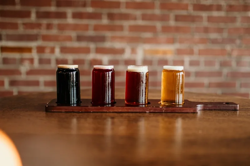 Diferentes tipos de cerveja stout servidas em copos — Dry Stout, Milk Stout e Imperial Stout lado a lado