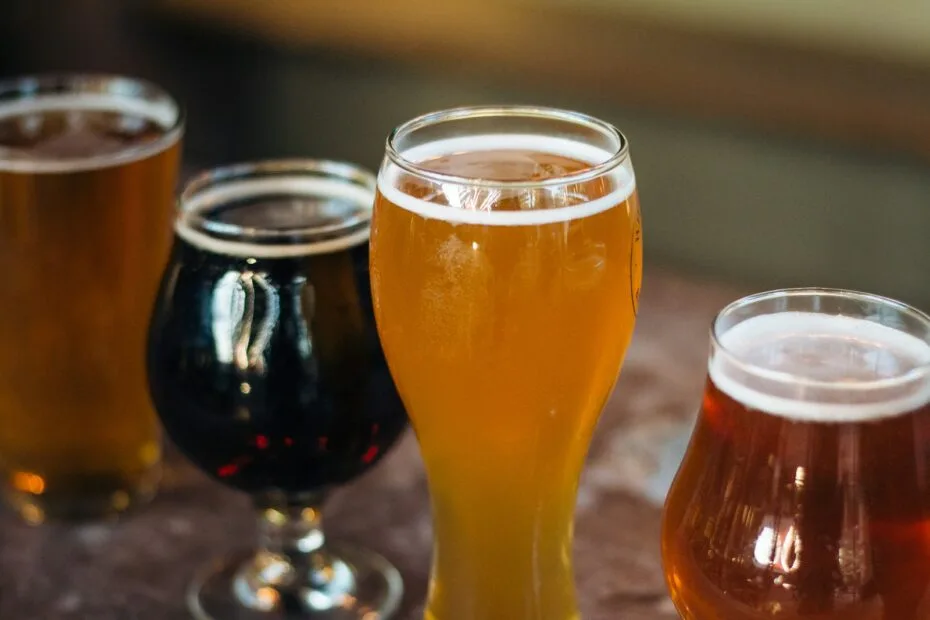 Variedade de estilos de cerveja artesanal em garrafas e copos — tipos de cerveja artesanal